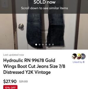 SOLD MRCRI Hydraulic Gold Wings Boot Cut Jeans Size 7/8 Distressed Y2K Vintage